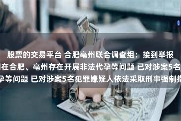 股票的交易平台 合肥亳州联合调查组：接到举报佑铭医疗科技有限公司在合肥、亳州存在开展非法代孕等问题 已对涉案5名犯罪嫌疑人依法采取刑事强制措施